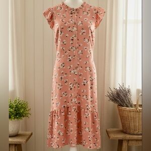 Monteau| Pink Floral Ruffled Lightweight Cap Sleeve Midi Dress Sz S